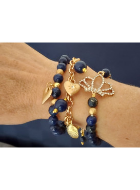 Elegantní řetízkový zapínací náramek z lapis lazuli se zlatým srdcem, mušlí a hvězdicí