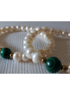 SET - Náhrdelník a náramek z říčních perel s rekonstruovaným malachitem a zlatými korálky