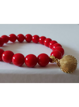 ELEGANTNÍ NÁRAMEK Z červeného korálu SE ZLATou závěsnou mušlí